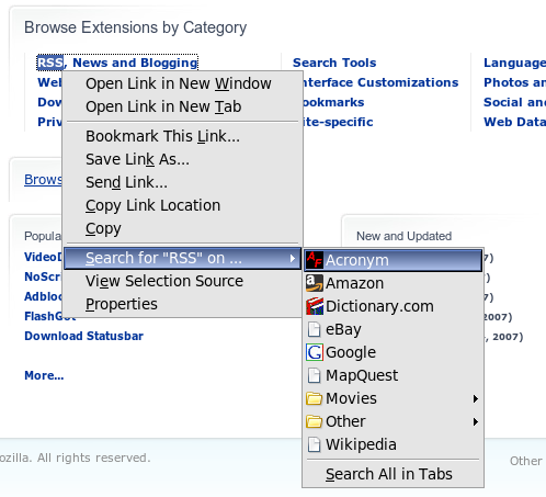 The context menu for a selected word includes a Search submenu with choices like Google, Dictionary.com, Wikipedia, and Amazon.com.